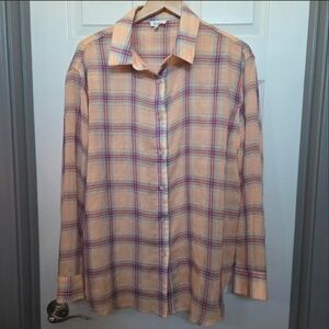 LA MIEL Women's Peach and Blue Plaid Button Down Shirt Size Large
